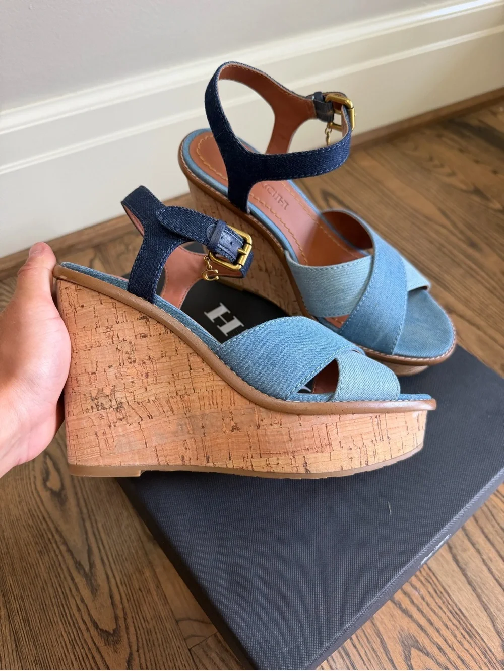 COACH Denim Blue Cork Wedge Sandals - Women's Platform Heels